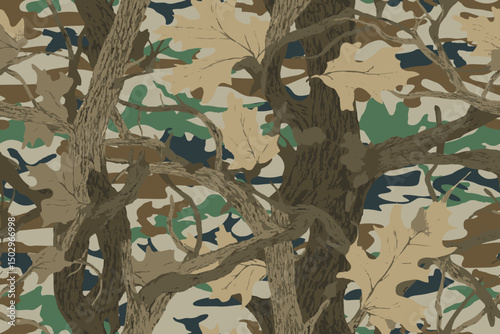 Realistic forest camouflage. Seamless pattern. Conifer and oak branches and leaves. Useable for hunting and military purposes.
