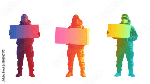 Colorful Silhouettes of People Holding Gradient Signs for Demonstration in an Outdoor Setting