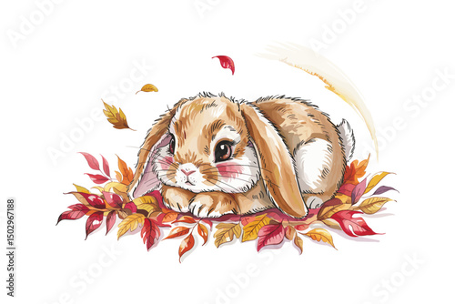 Cute happy rabbit sleeping on autumn leaves, watercolor illustration