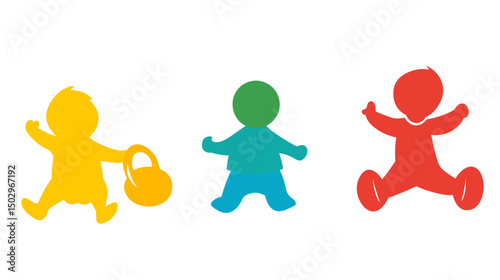 Colorful Silhouettes of Playful Toddlers Running and Celebrating Together in Joyful Movement