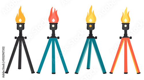 Colorful Tripod Torches with Vibrant Flames Displayed in a Creative Arrangement