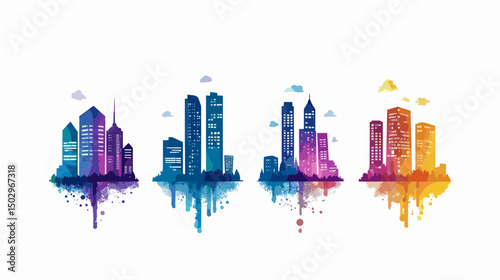 Colorful Urban City Skyline Silhouettes in Various Times of Day Including Sunset and Daylight