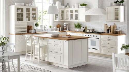 White kitchen with wooden island and light-colored flooring.
