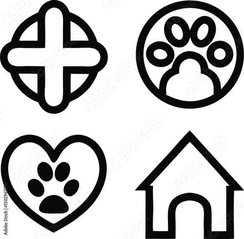 Monoline vector icons of pet adoption rescue and animal shelter concepts