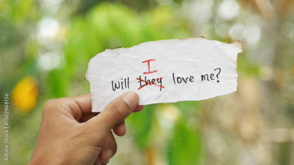 A hand holding a torn paper with the handwritten text Will they love me? replacing will I love me? against a blurred nature background, symbolizing self-doubt and vulnerability.