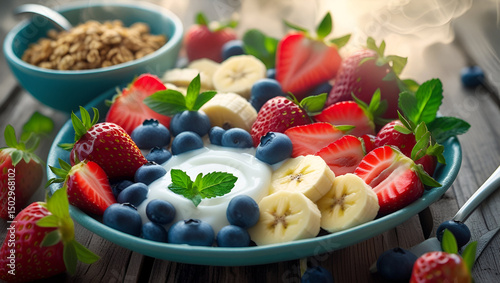 A Vibrant Breakfast: A beautifully arranged medley of fresh fruits, including ripe strawberries, juicy blueberries, and sweet banana slices, with creamy yogurt and granola, invites a moment of fresh