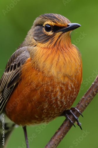 Close-up of a rufous-bellied thrush perched on a branch, showcasing its vibrant orange plumage and intricate feather details in its natural habitat