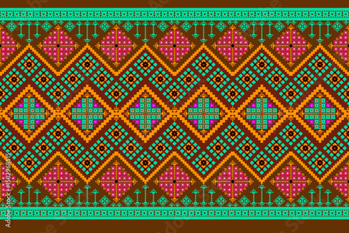 Geometric pixelated Arabic patterns on the fabric reflect the ornate and ethnicity,grid floral,grid colourful, backgrounds, seamless grid design for carpet,textile,textured,wallpaper,print,decorate