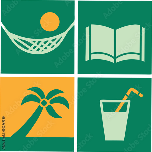 Relaxing summer vacation icons depicting palm tree book drink and hammock