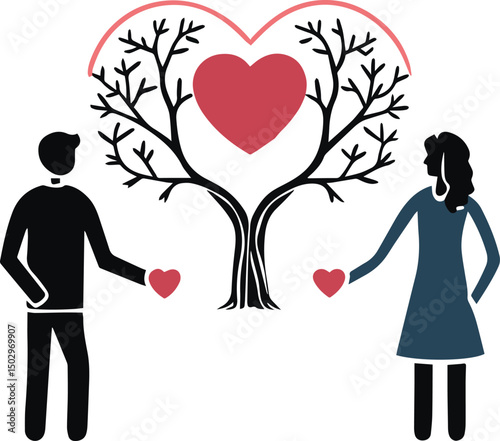 Love and Harmony: A couple stands in unity before a tree adorned with a heart, a visual ode to the bond of love and togetherness.