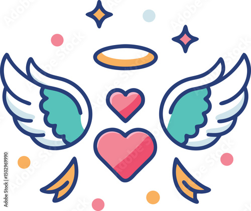 Romantic angelic wings and hearts graphic with sparkling accents on transparent background