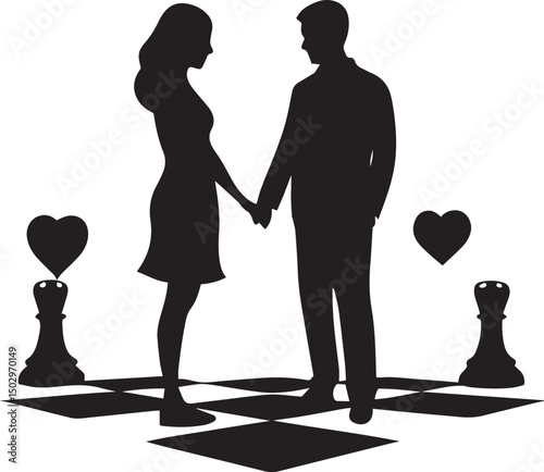 Chess Love: A loving couple stands on the chess board, holding hands, with the chess pieces and hearts as the backdrop, symbolizing the strategic game of love.
