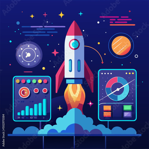 A vibrant cartoon rocket explores the starry night sky near the moon, a perfect vector illustration for space travel and cosmic exploration