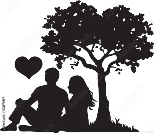 Eternal Love: A captivating silhouette captures a couple under a tree, a symbol of love's enduring power. The image emanates a feeling of intimacy, tranquility, and shared moments. 
