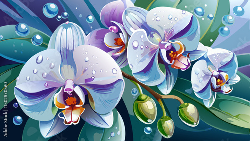 A close-up of orchids with glistening water droplets on the soft petals creates a fresh, stunning atmosphere. The elegant sparkle and delicate flower details enhance the vector's beauty.