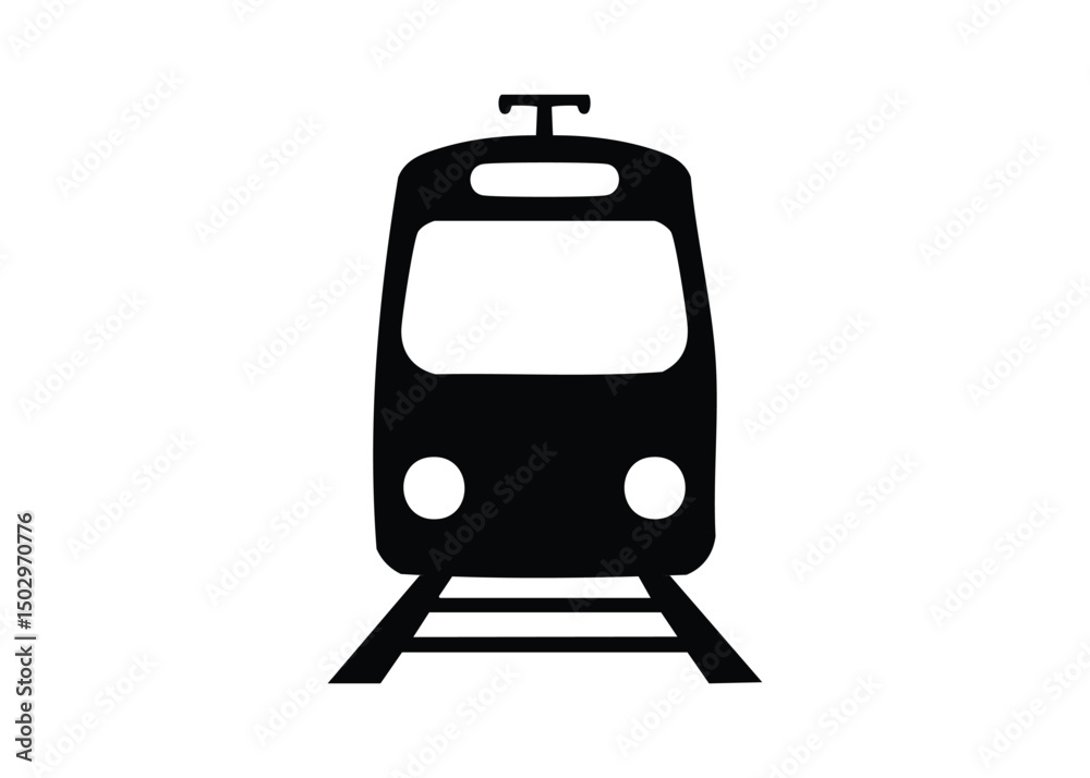 Simple black silhouette of a train with tracks against a white background Simple black silhouette of a train with tracks against a white background