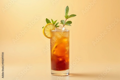 Long Island ice tea cocktail drink with vodka, rum, tequila, gin, liquor, lemon juice, cola and ice with lemon slice and mint in highball glass on beige background with copy space