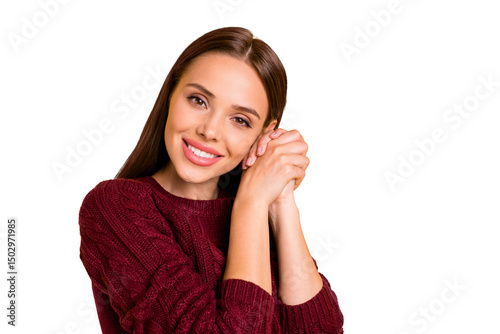 Photo of nicely looking kind cute girl having laid her head onto her hands staring into camera while isolated with yellow background photo