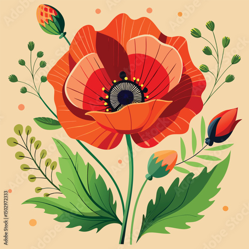 Seamless floral pattern with vintage poppy flower vector illustrations for summer garden design