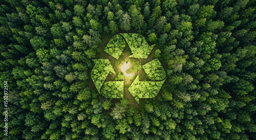 a high-angle shot of the recycling symbol integrated into the forest canopy. It evokes a sense of environmental responsibility and sustainable living