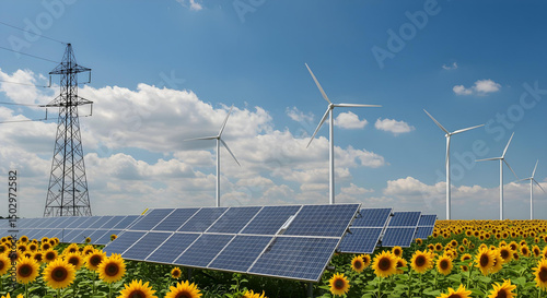 a landscape showcasing the harmonious blend of renewable energy sources, solar panels, and wind turbines, alongside a field of sunflowers, all under a bright, blue sky.