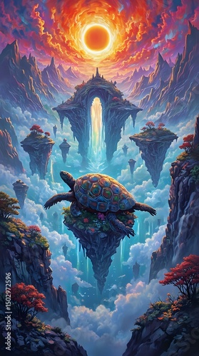 The image is a fantastical illustration depicting a turtle resting on a floating island with a waterfall, surrounded by floating islands and a radiant sun.