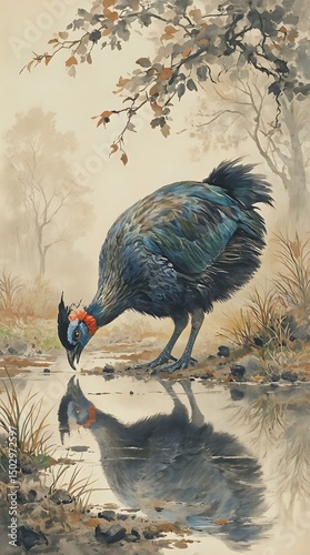 A watercolor painting portrays a bird with a vibrant red headpiece, drinking from a pond amidst autumnal foliage.