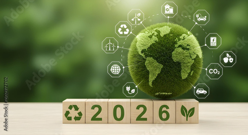 An artistic representation of the earth and the year 2026. A concept of greening the earth