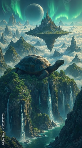 The image presents a surreal landscape where a large turtle is perched atop a cliff, with a fantastical floating island in the background.
