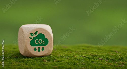 a wooden cube with a CO2 icon on a vibrant green surface, illustrating environmental protection. The scene emphasizes eco-consciousness and sustainability