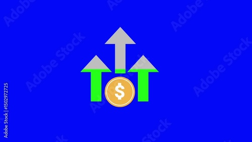 Animation of financial growth with coin and arrow icon. isolated on blue background.