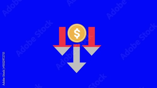 Animation of financial chart with coin and arrow down icon. isolated on blue background.