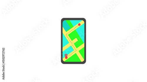 Animation of city map on smartphone. GPS location pointer animated on White Background