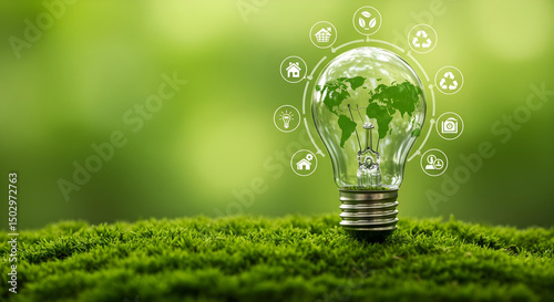 A creative light bulb with a world map inside shows an eco-friendly concept and environment protection 
