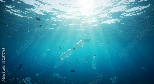 A distressing view of plastic bottles polluting the clear ocean water. The image shows the environmental damage caused by plastic waste, highlighting the urgent need for environmental awareness