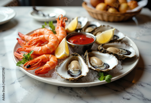 Fresh seafood platter with shrimp, oysters, lemon wedges, and cocktail sauce on a marble surface photo