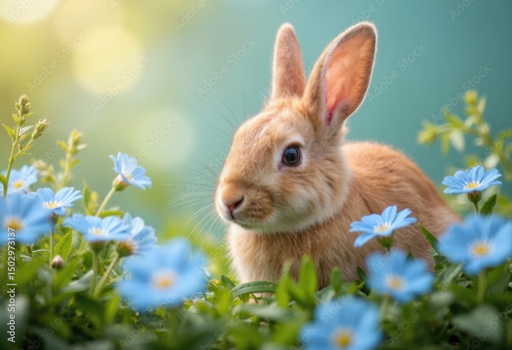 Fototapeta premium A cute rabbit surrounded by vibrant blue flowers in a sunny garden