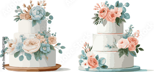 wedding cake decorated with flowers vector illustration set