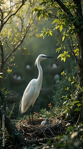 A vibrant purple orchid flower is the focal point, its petals spread wide to reveal a yellow center, set against a backdrop of dark forest foliage and soft, diffused light.