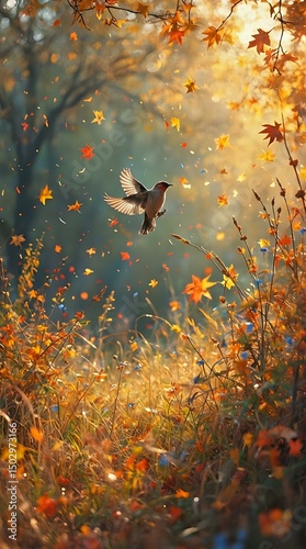 The image captures a hummingbird in mid-flight, surrounded by a vibrant display of autumn leaves, with sunlight filtering through the foliage.