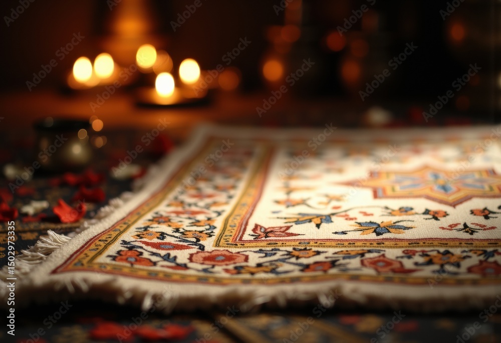 Naklejka premium Elegant Persian rug adorned with intricate patterns and surrounded by candles