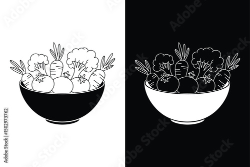 Bowl of Vegetables Icon Clean Silhouette Vector in B&W.