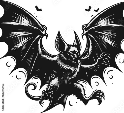 Black vector of a flying bat with outstretched wings and sharp claws.