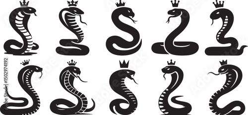 Royal Cobra Snake Silhouettes Set – Crowned Serpent Vector Icons