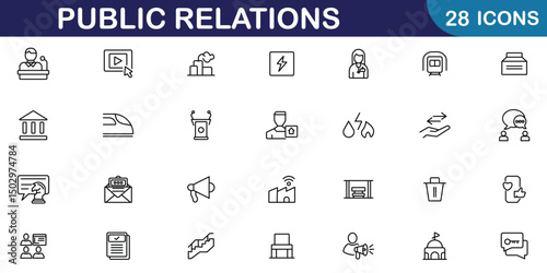 Public relations web icons in line style. Containing design business, public relations, management, social media, news, corporate and process icons. Vector illustration.