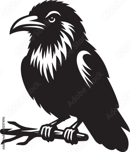 Simple black vector of a perched raven with a mysterious gaze.