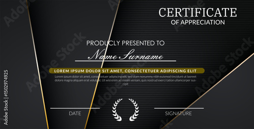 creative certificate of appreciation best award template with black golden list overlap background, Use for print, certificate, diploma, graduation eps10 vector template
