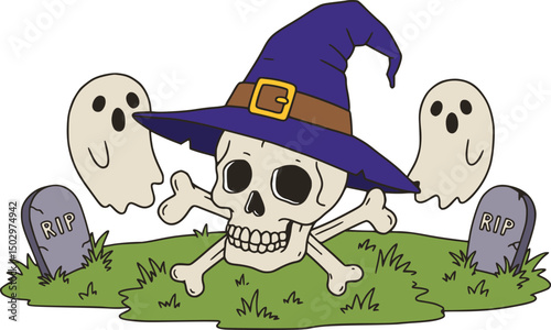 Halloween cartoon illustration featuring a skull in witch hat, crossed bones, and two friendly ghosts near tombstones