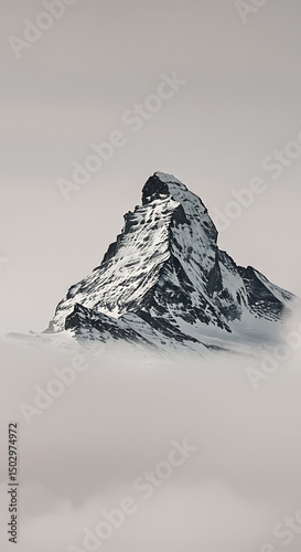 Majestic Snowy Mountain Peak Emerging from Cloudscape Dramatic Alpine Scenery