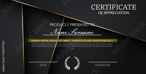 creative certificate of appreciation best award template with black golden list overlap background, Use for print, certificate, diploma, graduation eps10 vector template